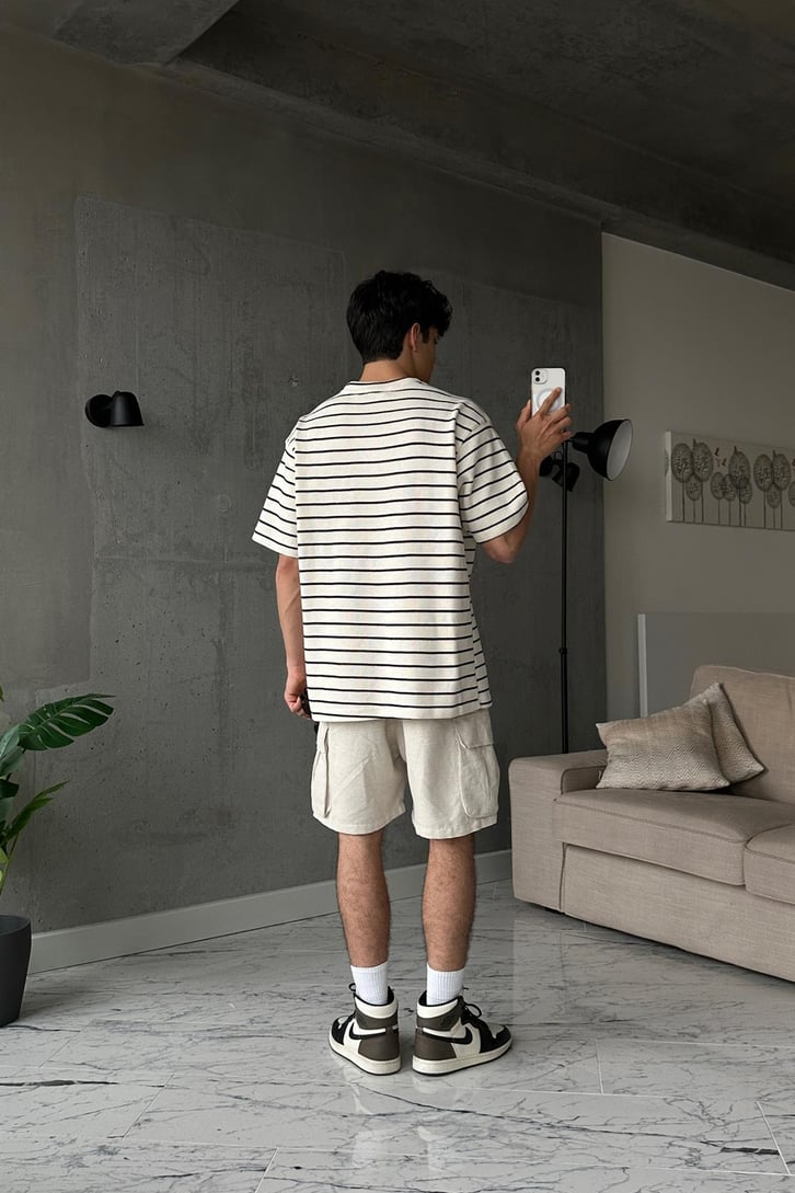 Çizgili Pike Kumaş Siyah Oversize Tişört