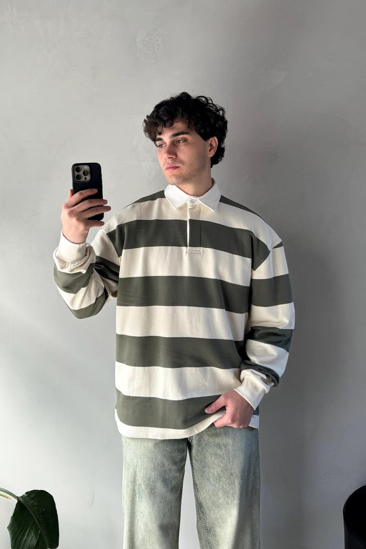Çizgili Polo Yaka Haki Uzun Kollu Sweatshirt