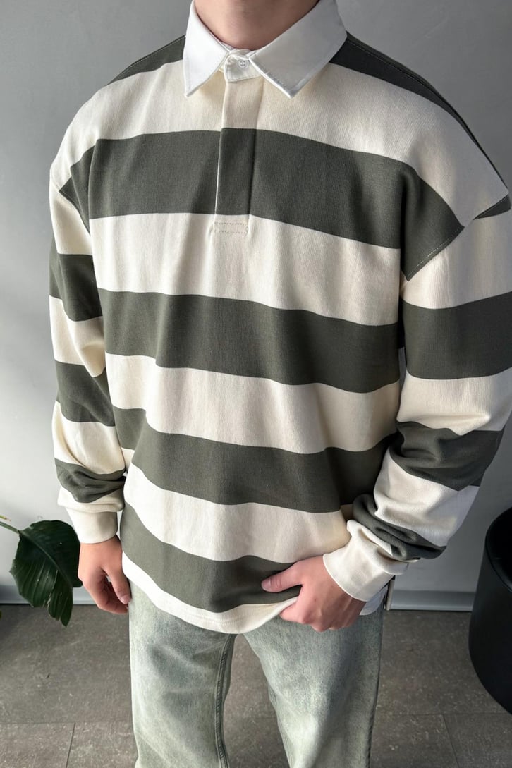 Çizgili Polo Yaka Haki Uzun Kollu Sweatshirt