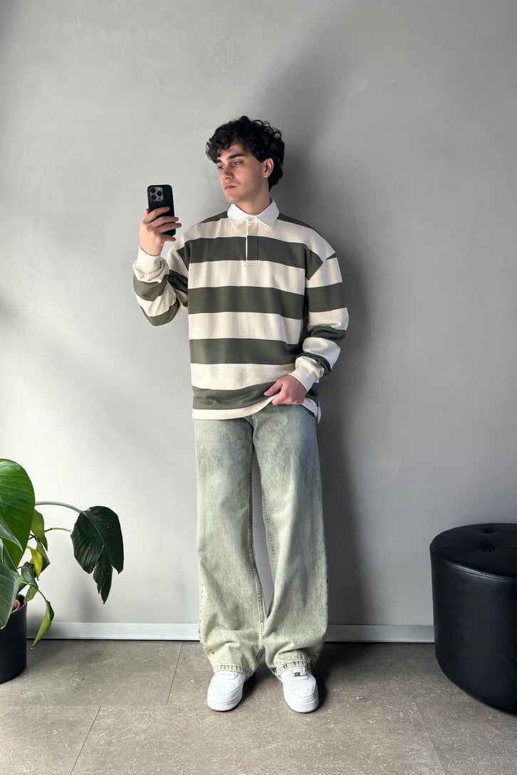 Çizgili Polo Yaka Haki Uzun Kollu Sweatshirt