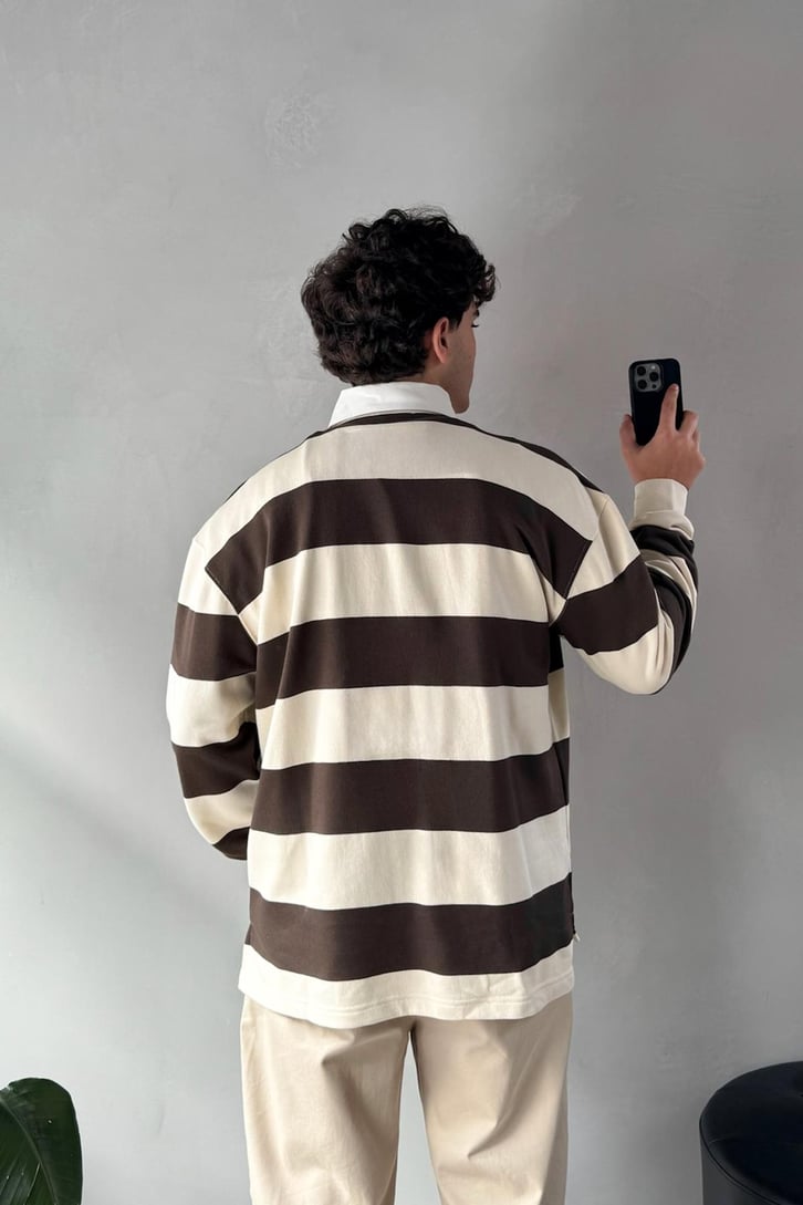 Çizgili Polo Yaka Koyu Kahve Uzun Kollu Sweatshirt