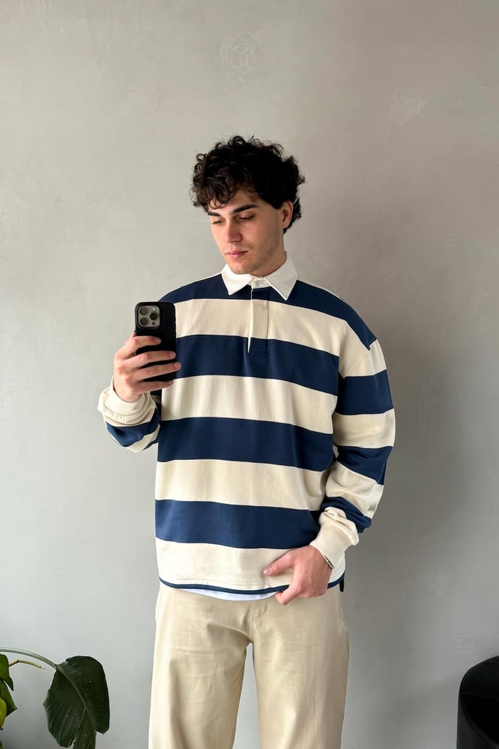 Çizgili Polo Yaka Lacivert Uzun Kollu Sweatshirt