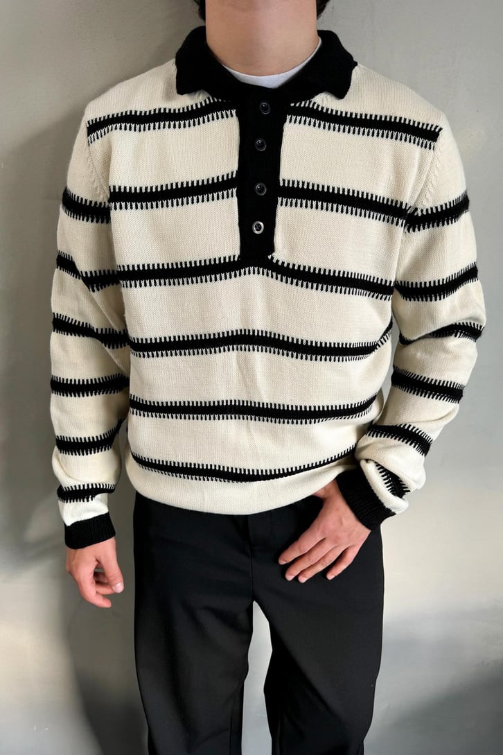 Çizgili Polo Yaka Oversize Kazak