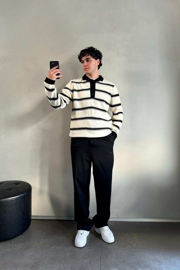 Çizgili Polo Yaka Oversize Kazak