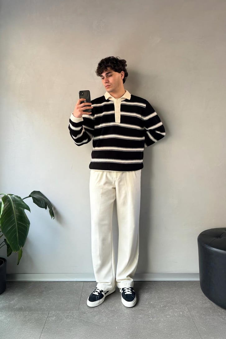 Çizgili Polo Yaka Oversize Kazak