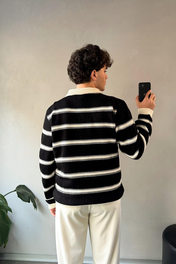 Çizgili Polo Yaka Oversize Kazak