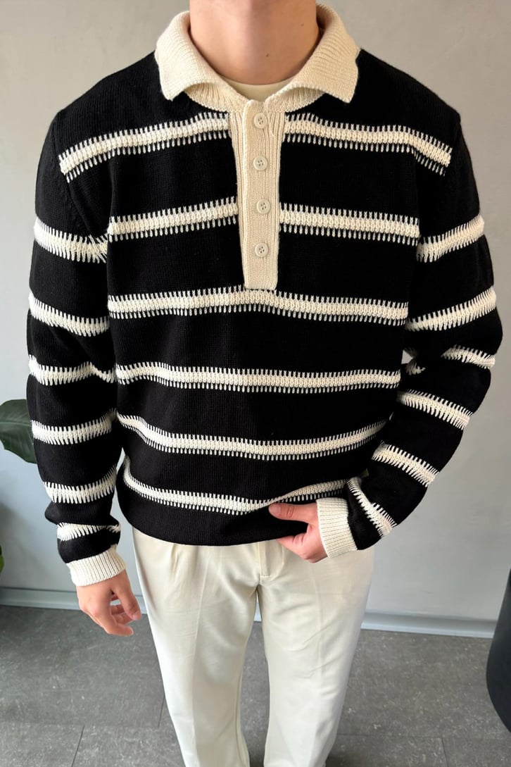 Çizgili Polo Yaka Oversize Kazak