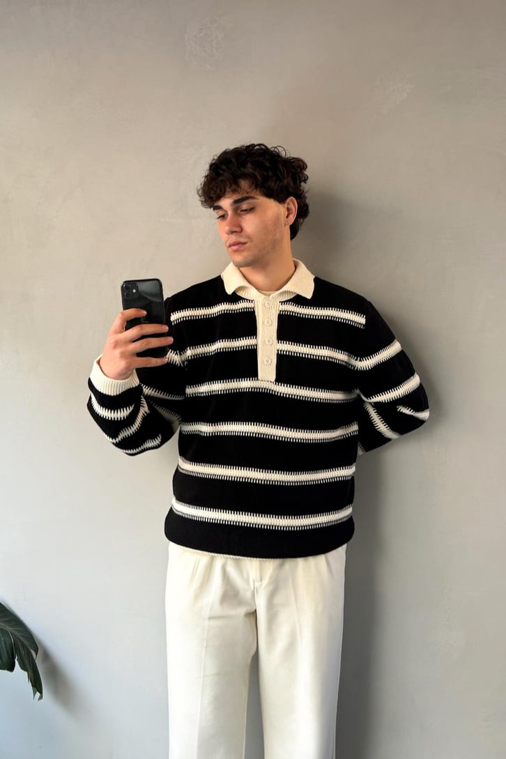 Çizgili Polo Yaka Oversize Kazak