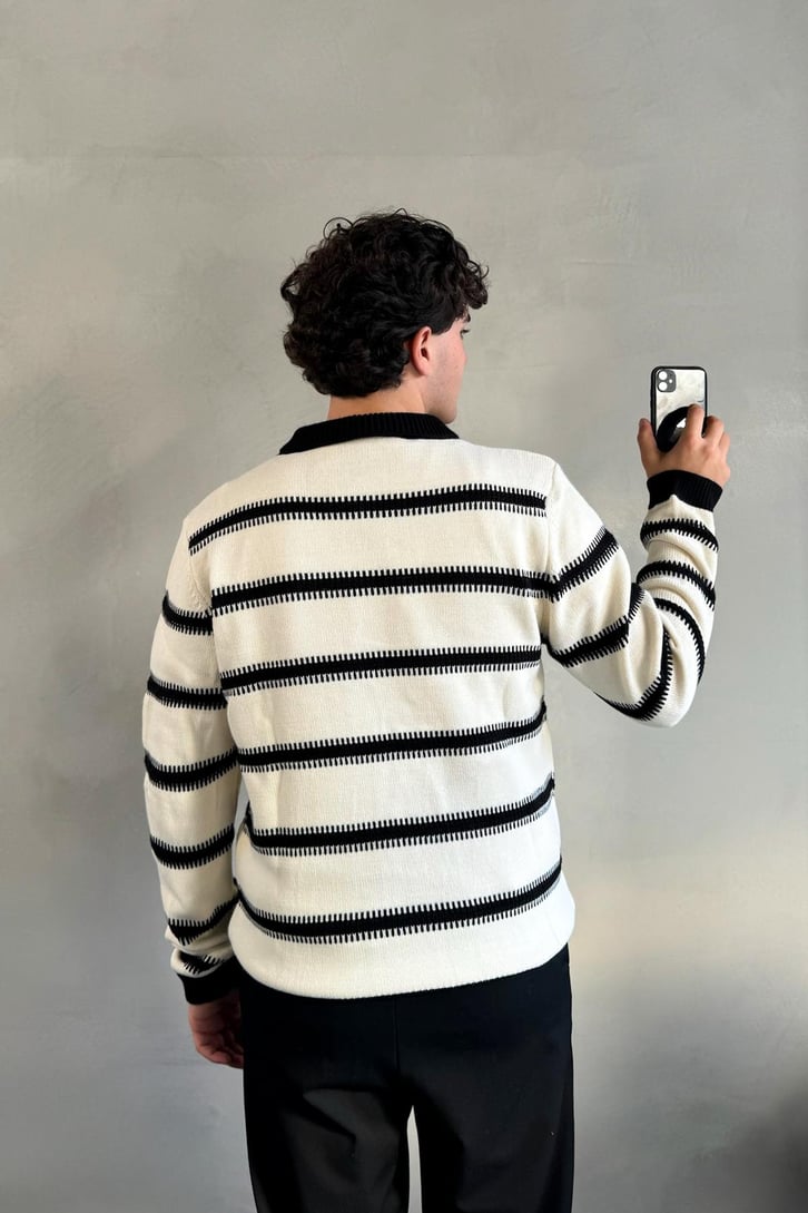 Çizgili Polo Yaka Oversize Kazak