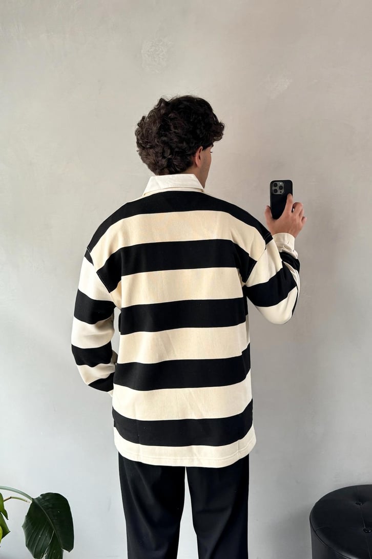 Çizgili Polo Yaka Siyah Uzun Kollu Sweatshirt