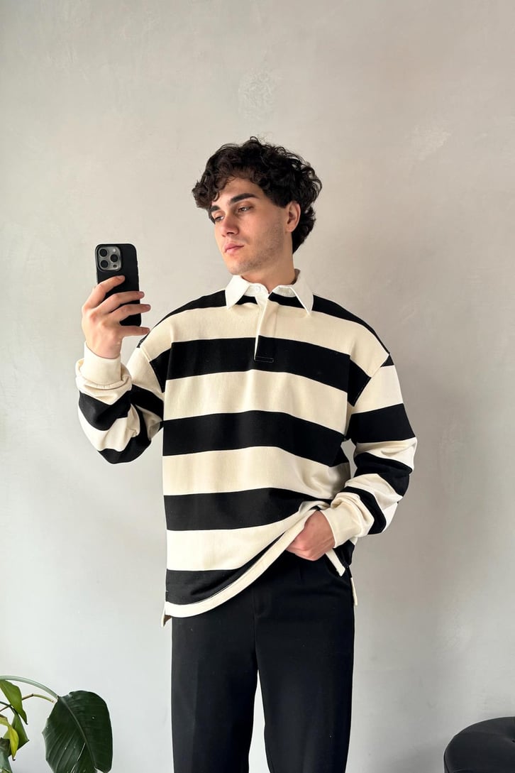 Çizgili Polo Yaka Siyah Uzun Kollu Sweatshirt