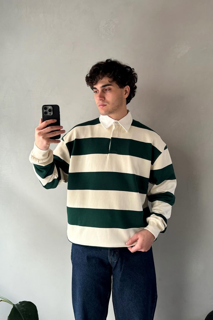 Çizgili Polo Yaka Yeşil Uzun Kollu Sweatshirt