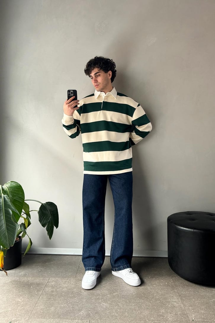 Çizgili Polo Yaka Yeşil Uzun Kollu Sweatshirt