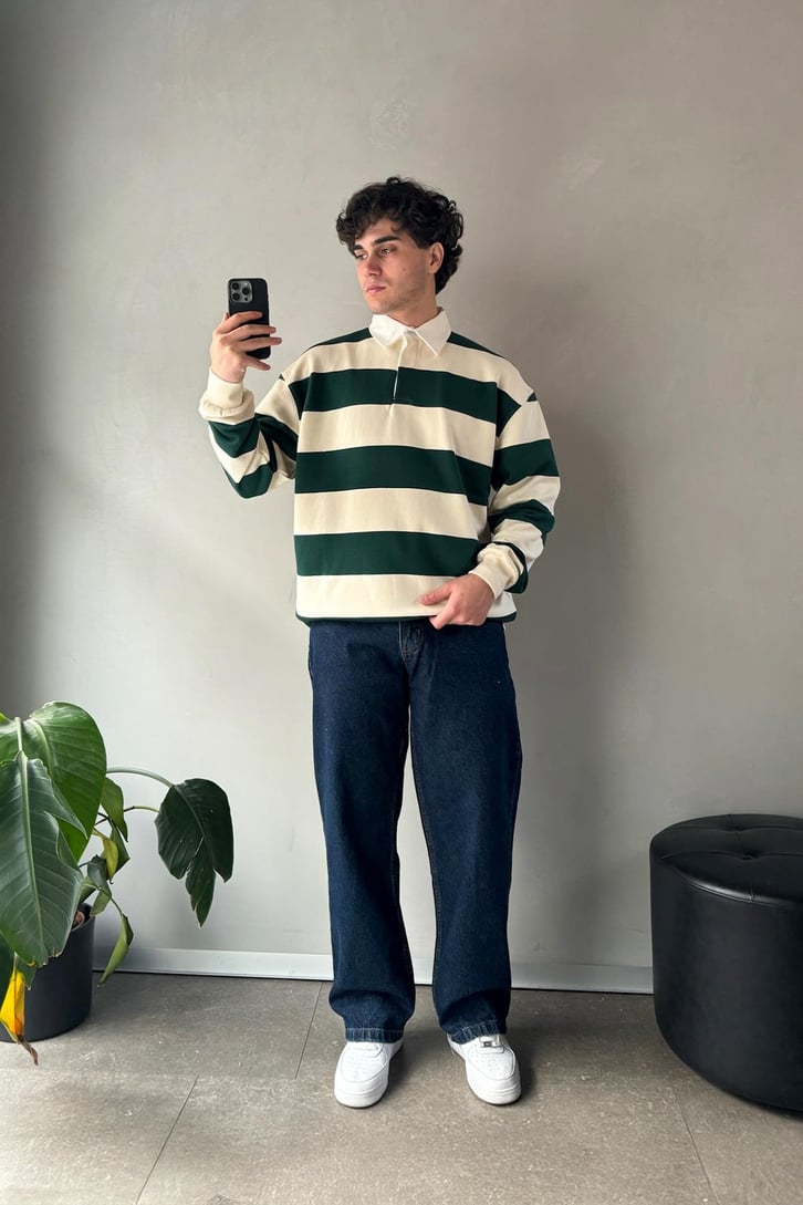 Çizgili Polo Yaka Yeşil Uzun Kollu Sweatshirt