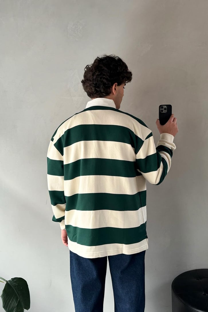 Çizgili Polo Yaka Yeşil Uzun Kollu Sweatshirt