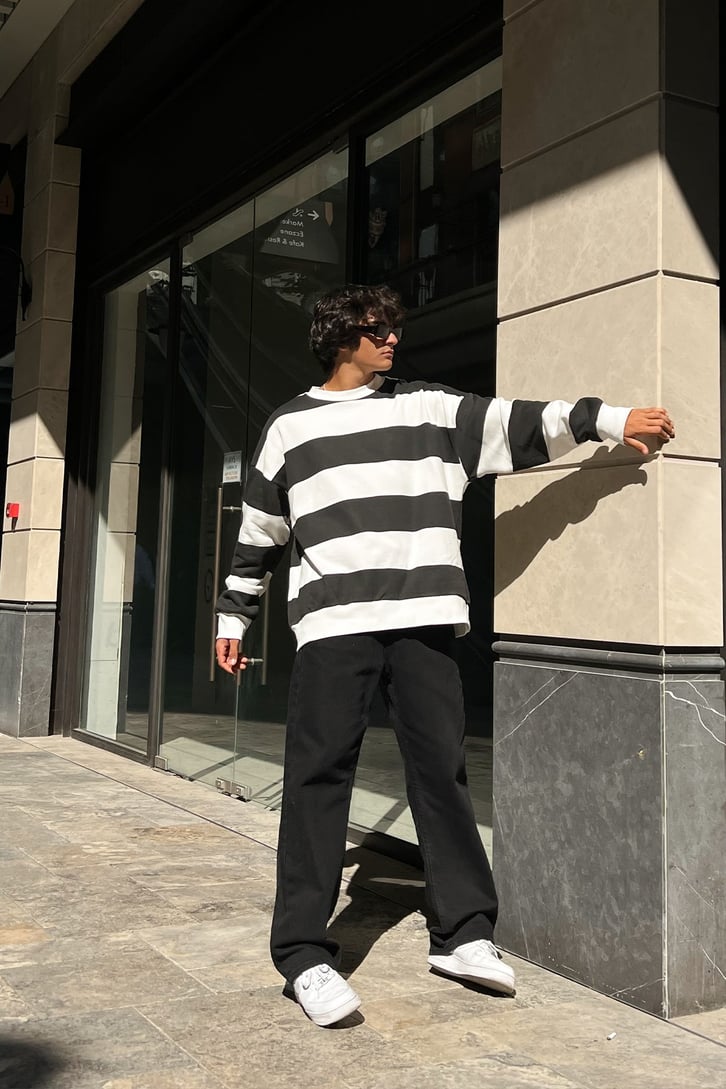 Çizgili Siyah Oversize Sweatshirt