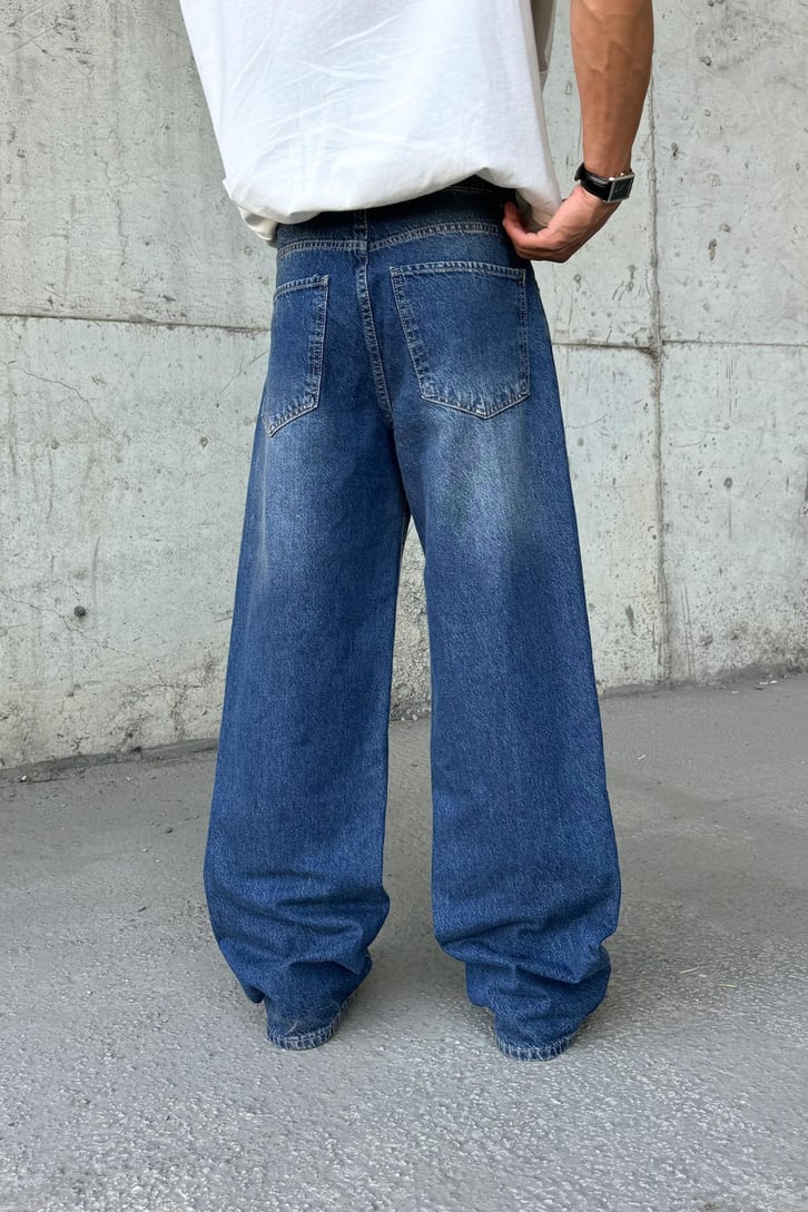 Çizgili Super Mavi Baggy Jean