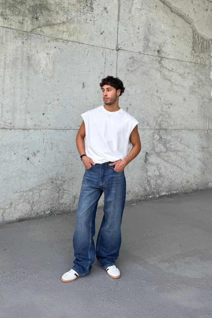Çizgili Super Mavi Baggy Jean