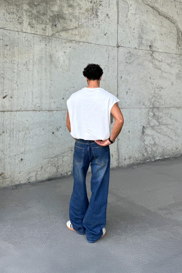 Çizgili Super Mavi Baggy Jean