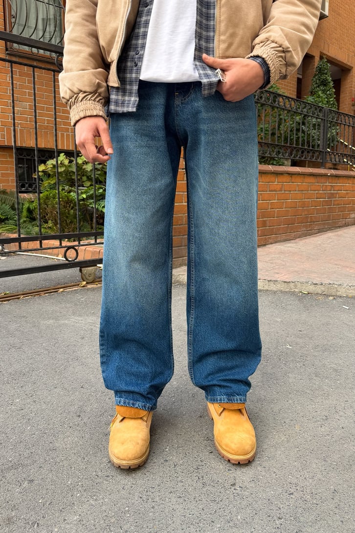 Çizgili Yıkamalı Baggy Jean