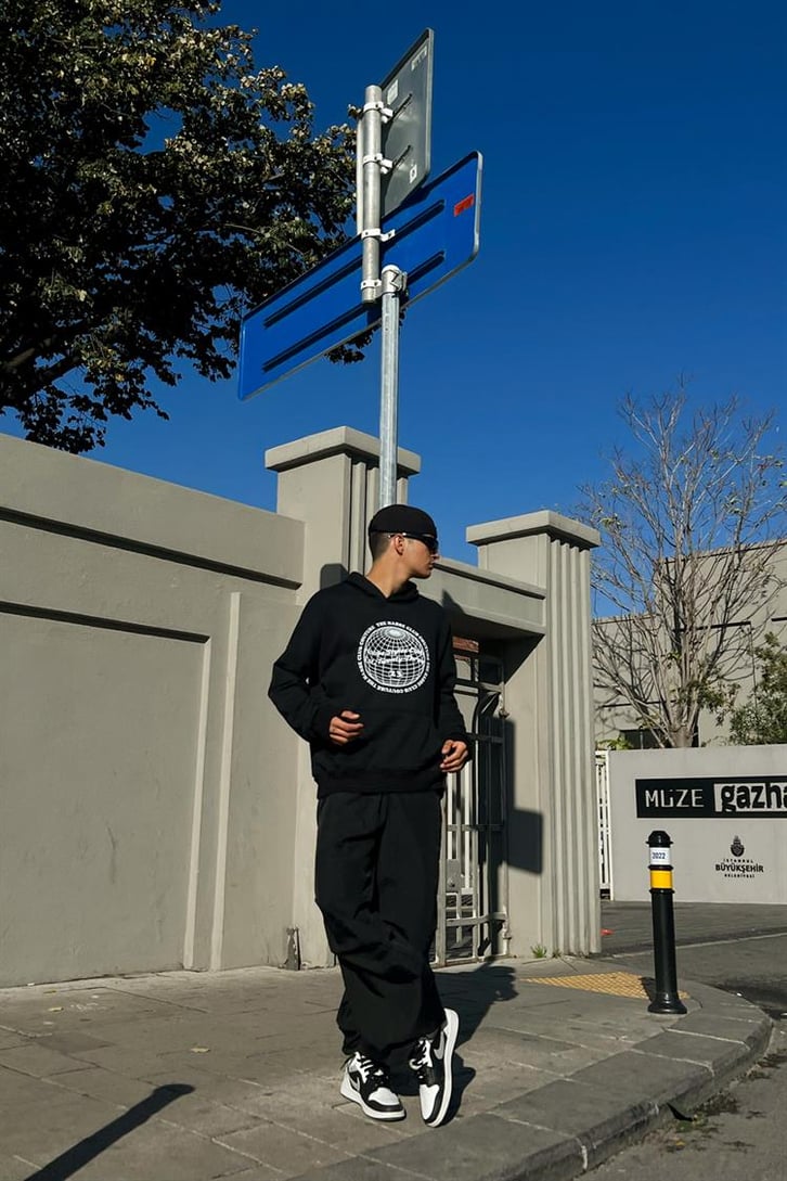 Club Couture Baskılı Siyah İçi Pamuklu OVersize Hoodie