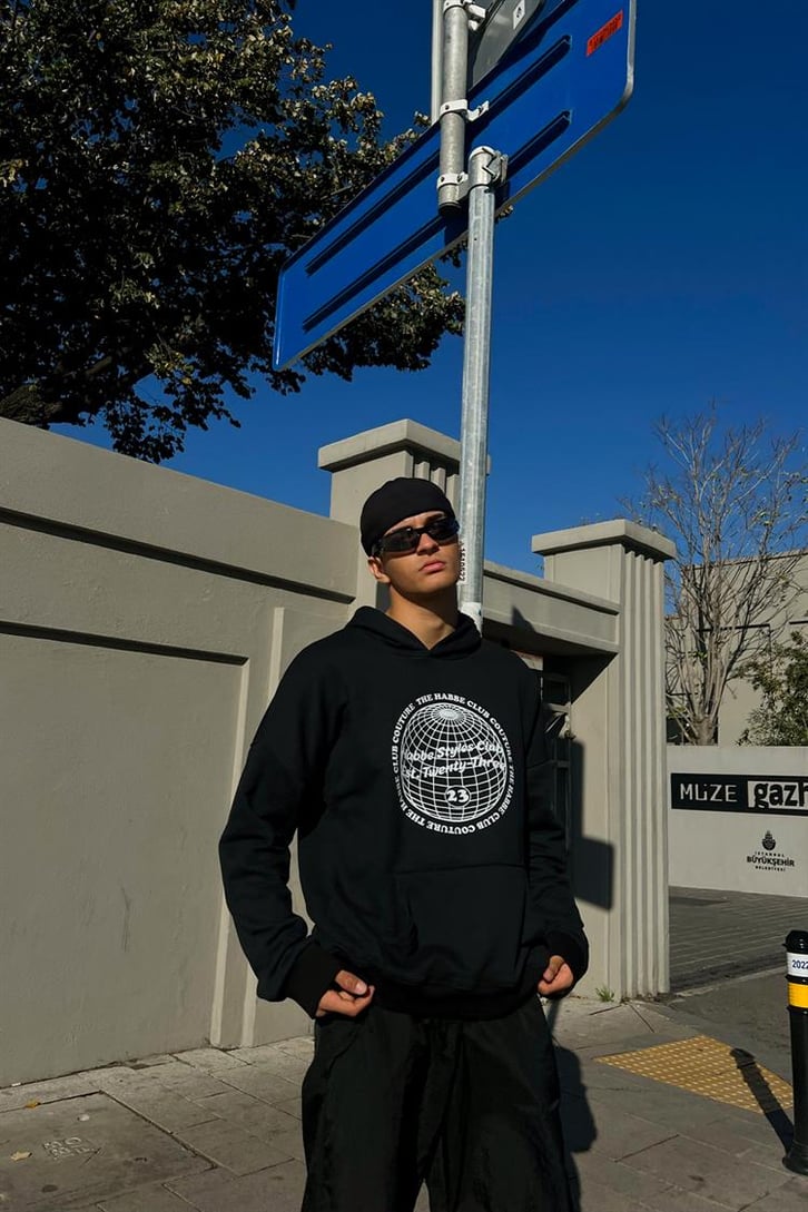 Club Couture Baskılı Siyah İçi Pamuklu OVersize Hoodie
