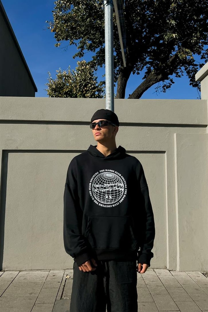 Club Couture Baskılı Siyah İçi Pamuklu OVersize Hoodie