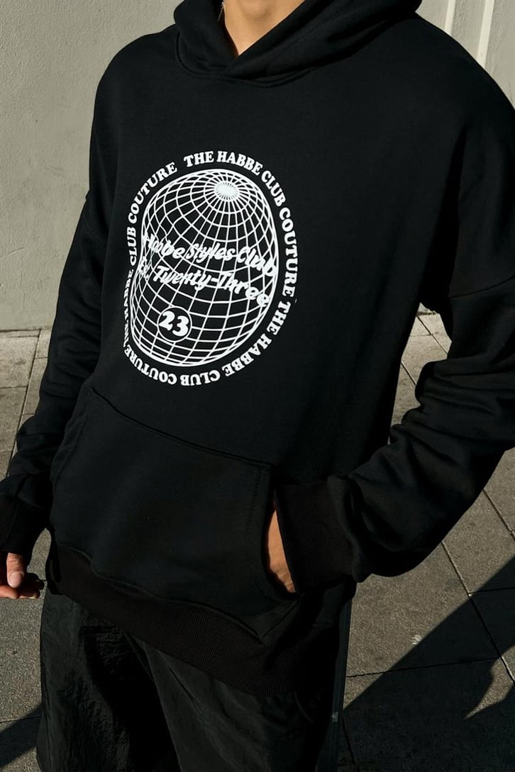 Club Couture Baskılı Siyah İçi Pamuklu OVersize Hoodie