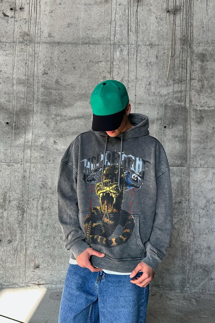 Cobra Snake Baskılı Acid Wash Oversize Hoodie
