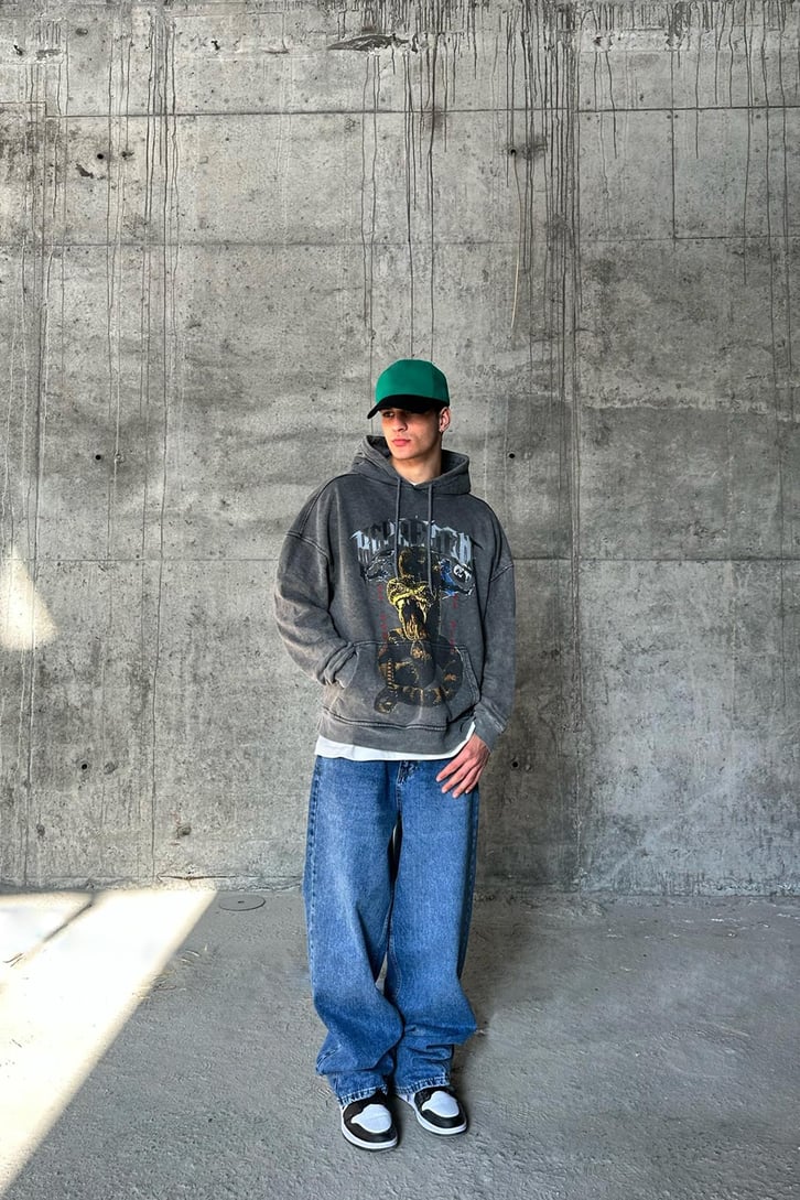 Cobra Snake Baskılı Acid Wash Oversize Hoodie