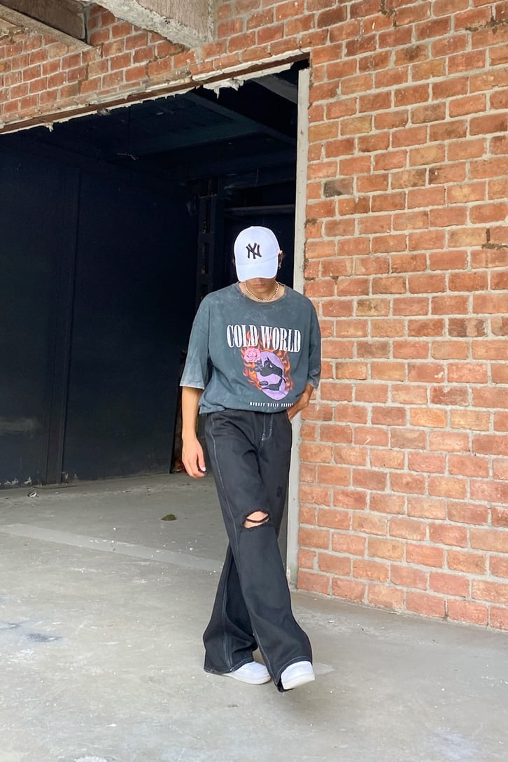 Cold World Baskılı Acid Wash Oversize Tshirt