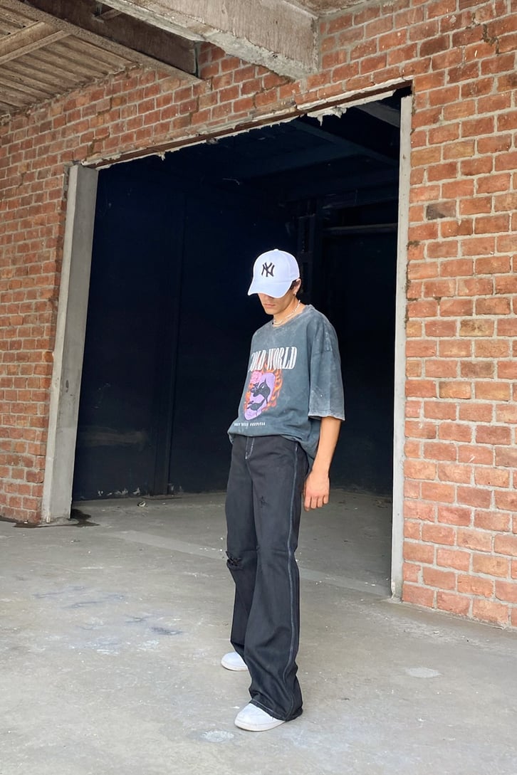 Cold World Baskılı Acid Wash Oversize Tshirt