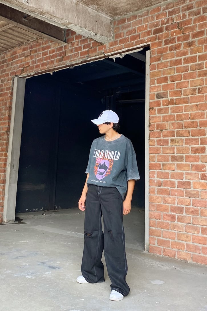 Cold World Baskılı Acid Wash Oversize Tshirt