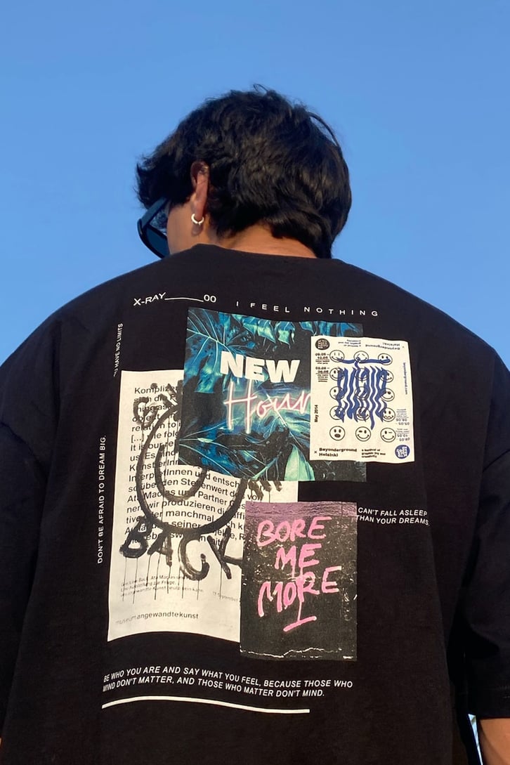 Collage Yan Baskı Detaylı Siyah Oversize Tshirt