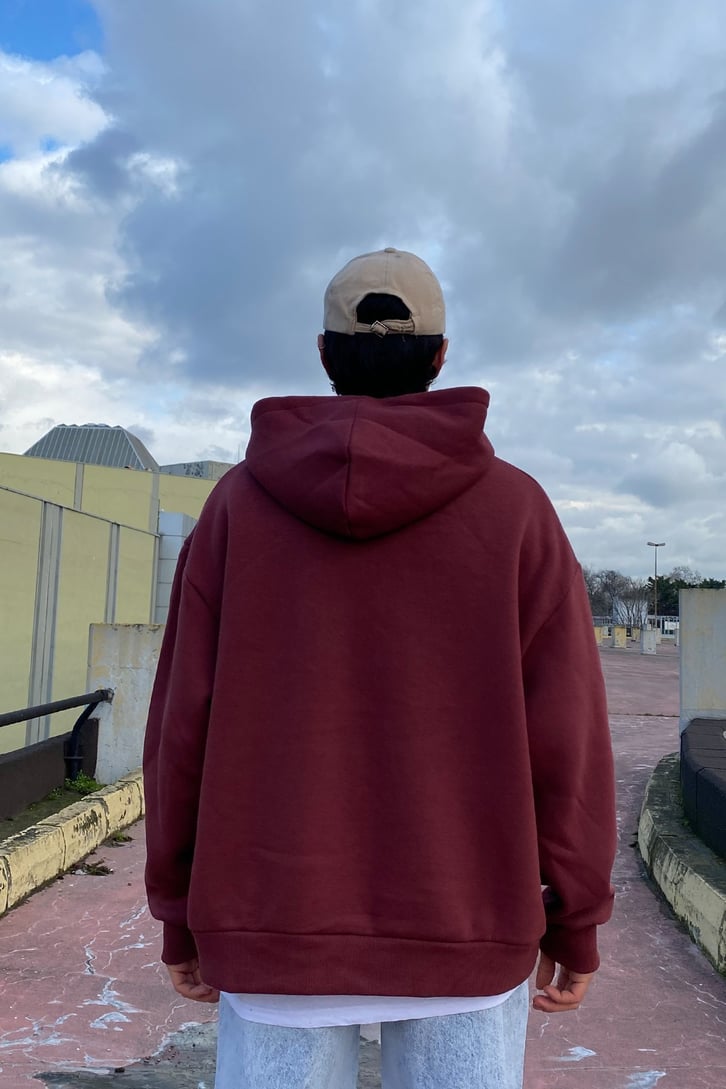 Collusion Chest Printed Oversize Premium Claret Red Hoodie