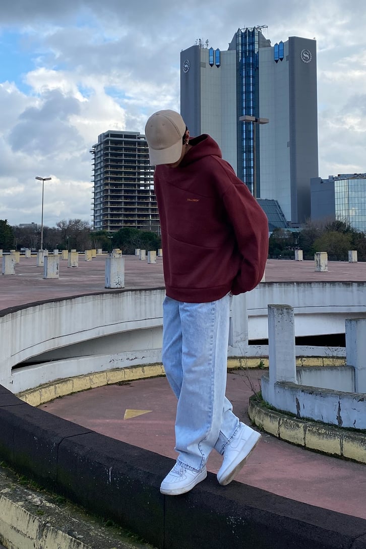 Collusion Chest Printed Oversize Premium Claret Red Hoodie