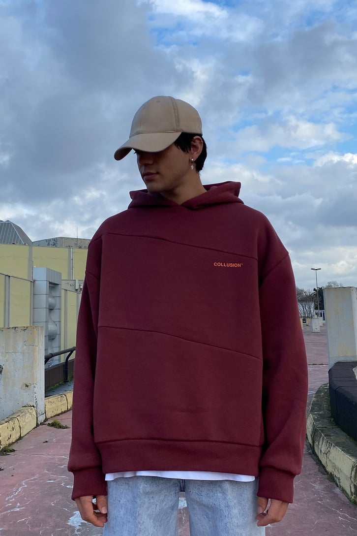 Collusion Chest Printed Oversize Premium Claret Red Hoodie
