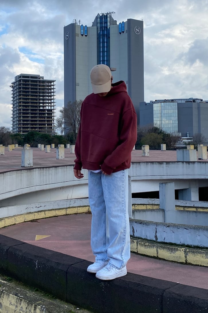 Collusion Chest Printed Oversize Premium Claret Red Hoodie