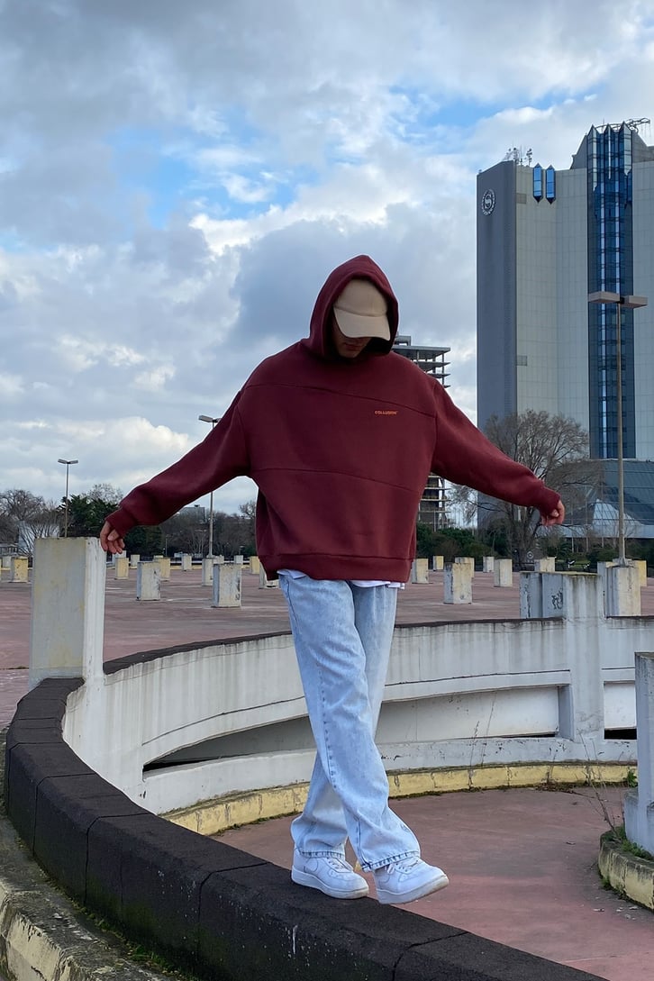Collusion Chest Printed Oversize Premium Claret Red Hoodie