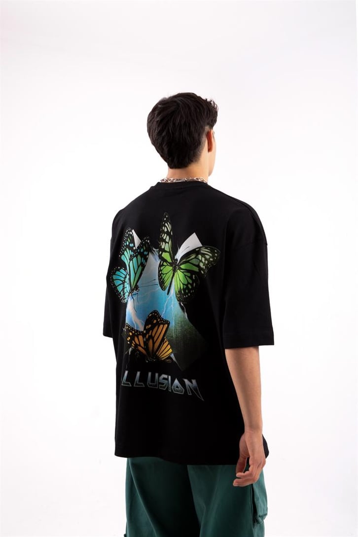 Colorful Butterlfy Siyah Oversize Tshirt