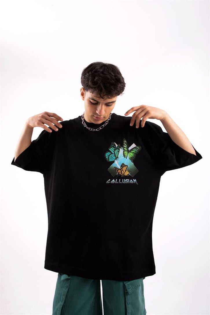 Colorful Butterlfy Siyah Oversize Tshirt