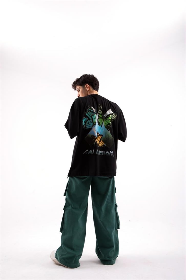 Colorful Butterlfy Siyah Oversize Tshirt