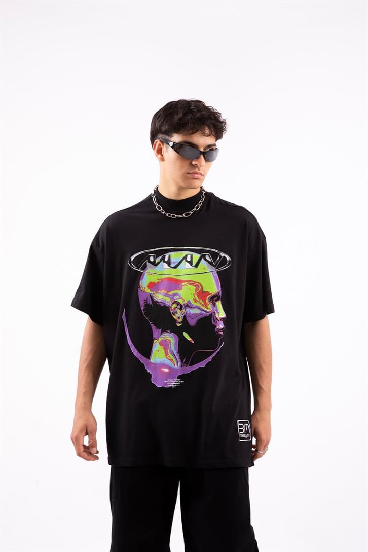 Colorful Human Head Baskılı Siyah Oversize Tshirt
