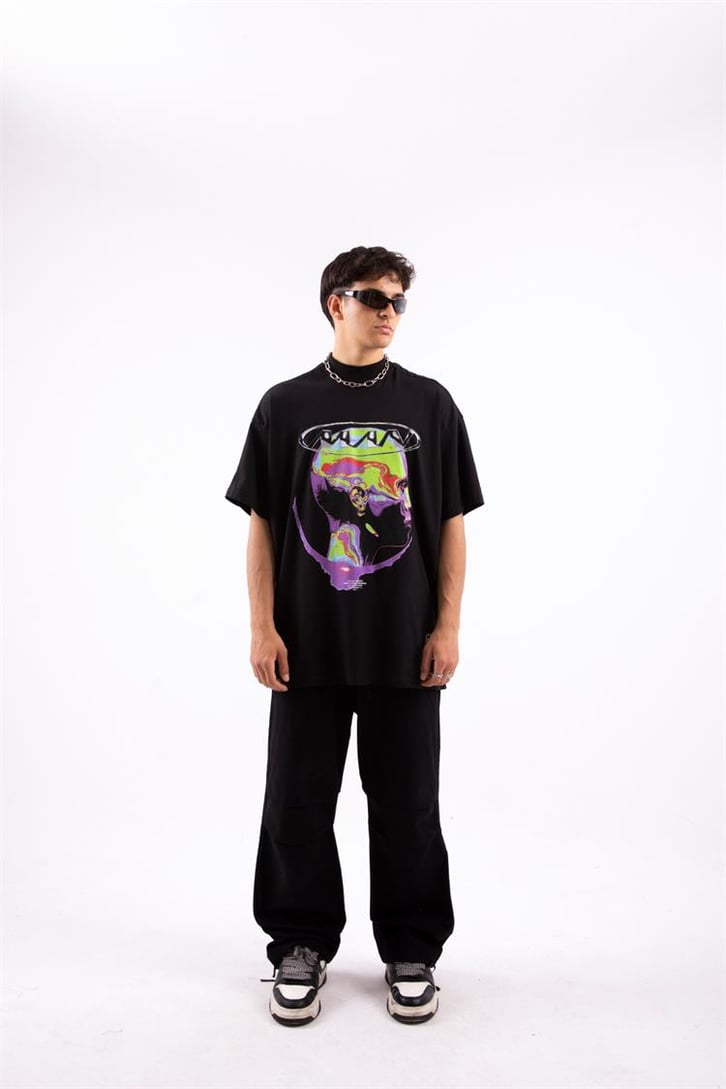 Colorful Human Head Baskılı Siyah Oversize Tshirt