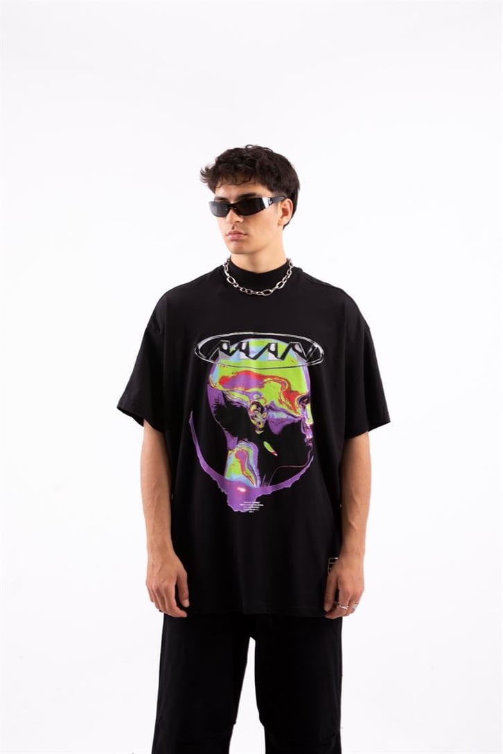 Colorful Human Head Baskılı Siyah Oversize Tshirt