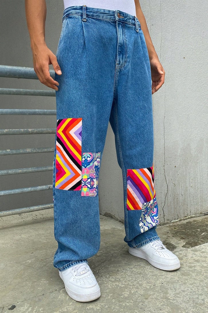 Colorful Patch Detay Mavi Baggy Jean