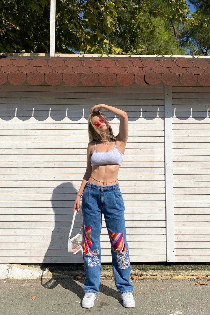 Colorful Patch Detay Mavi Baggy Jean