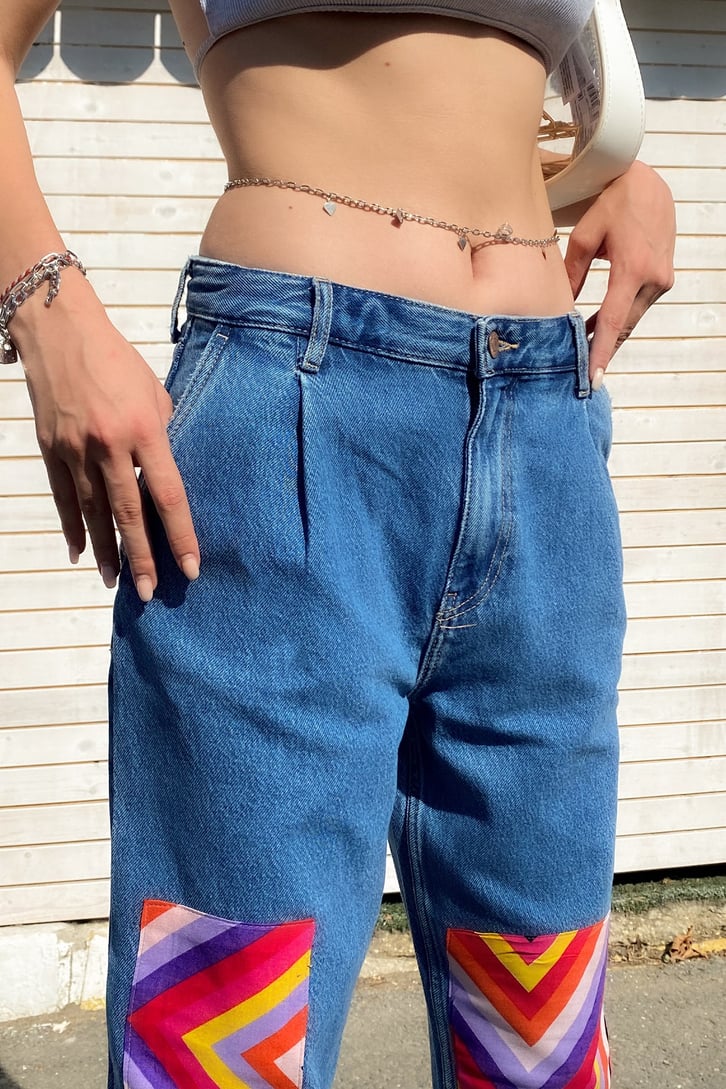 Colorful Patch Detay Mavi Baggy Jean