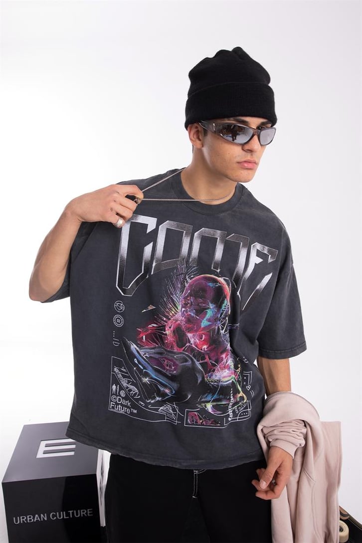 Come Dark Future Acid Wash Oversize Tişört