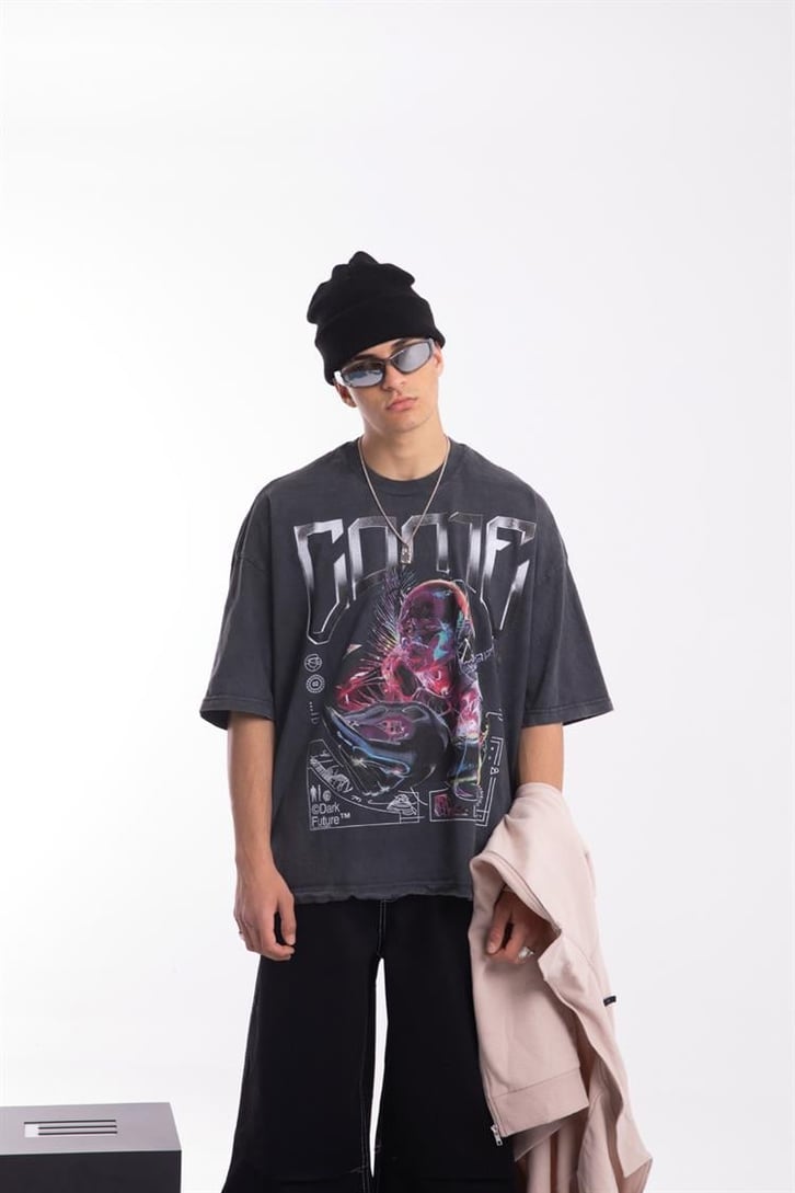 Come Dark Future Acid Wash Oversize Tişört
